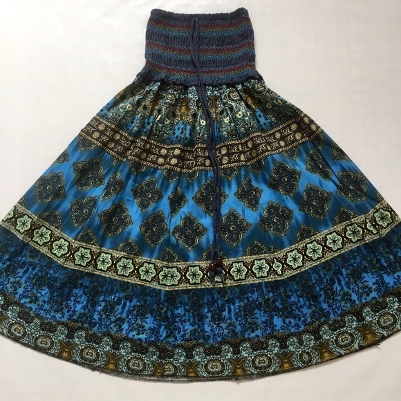 Boho Syle floral blue skater midi Smoked Skirt - Picture 12 of 16